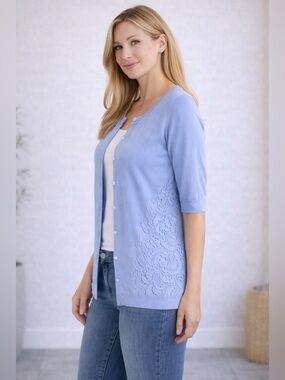 Talbots Light Blue Lace Cardigan Sweater Women’s Size L Button Front NWOT